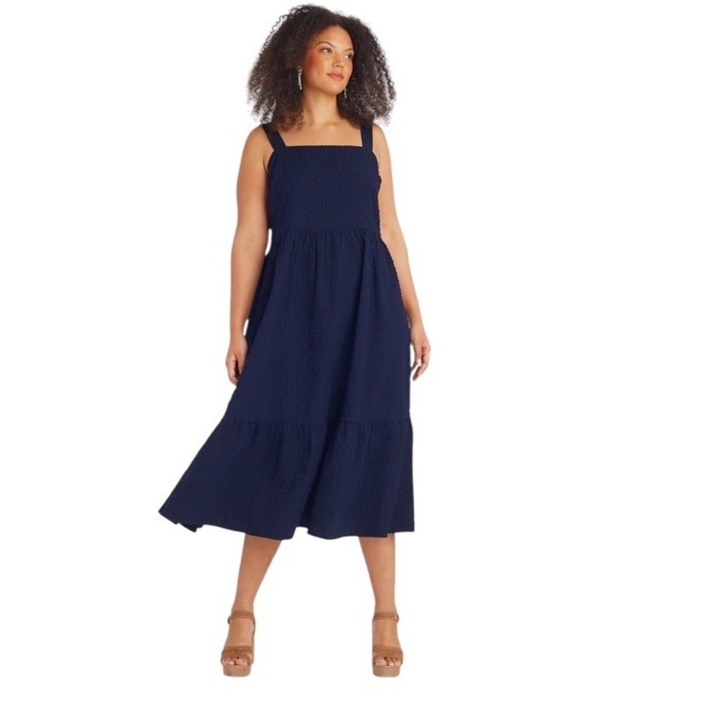Draper James Blake Midi Dress Seersucker Navy Blue Sundress Tiered Smocked 2X